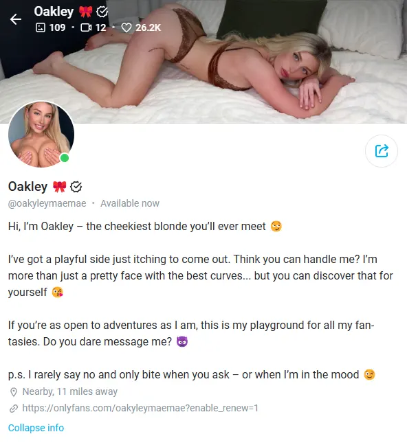 Captura de pantalla de una biografía bien escrita en OnlyFans que atrae más suscriptores.